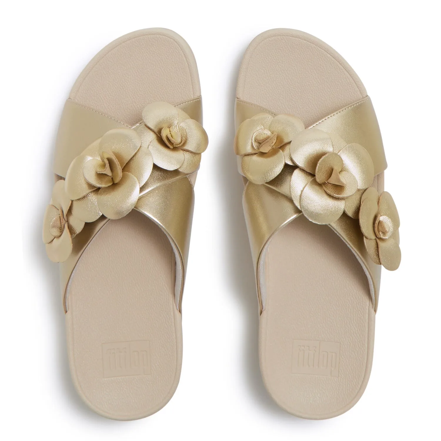 FitFlop Lulu Flower cross slides, Platino — the shoe she is actually wearing