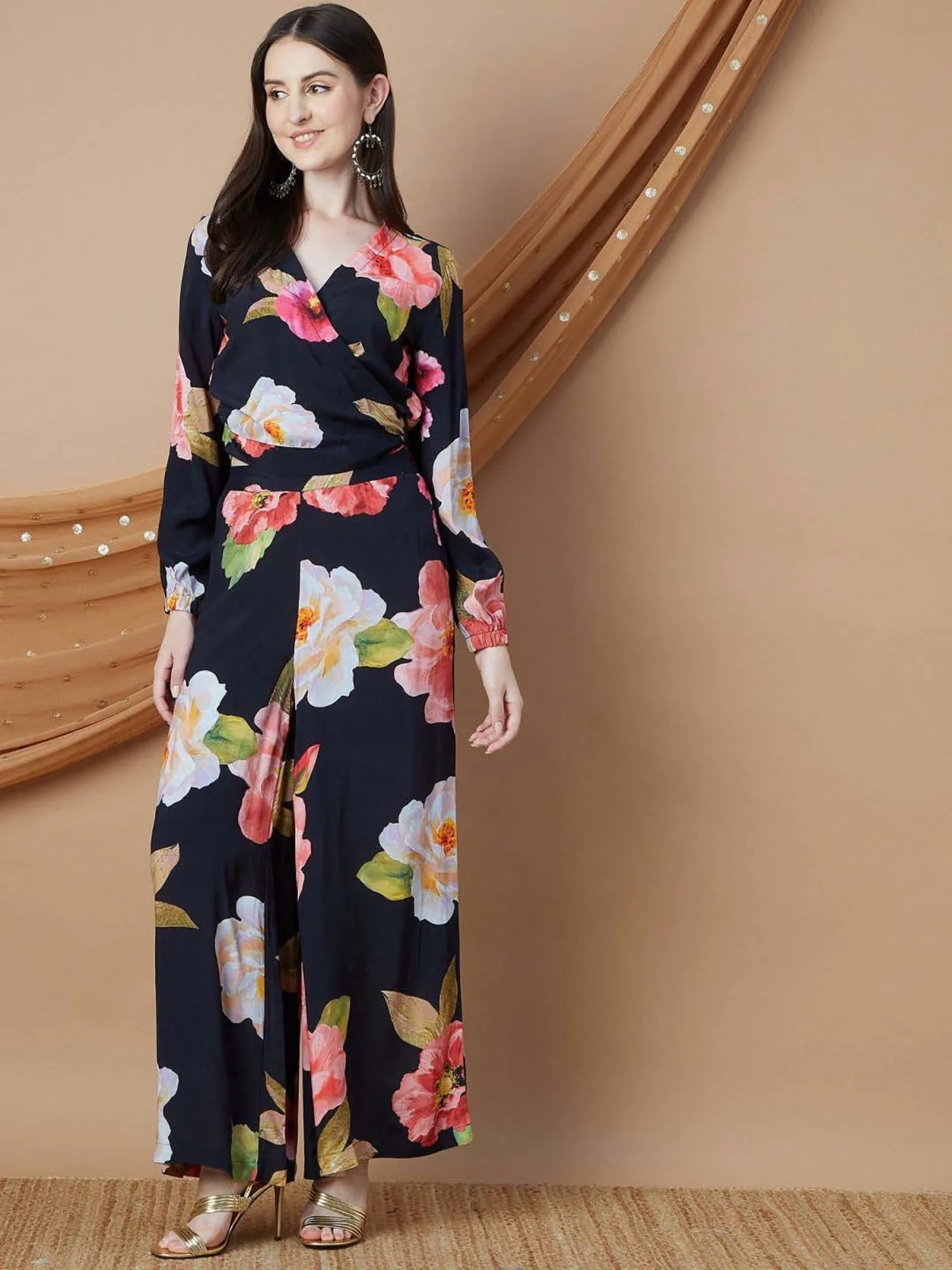 MELANGE by Lifestyle Black floral print co-ord set — wrap crop top and palazzo