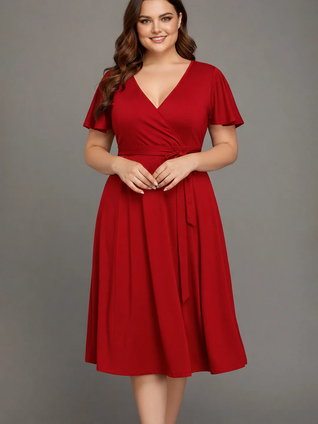 C4D Red wrap midi with flutter sleeves