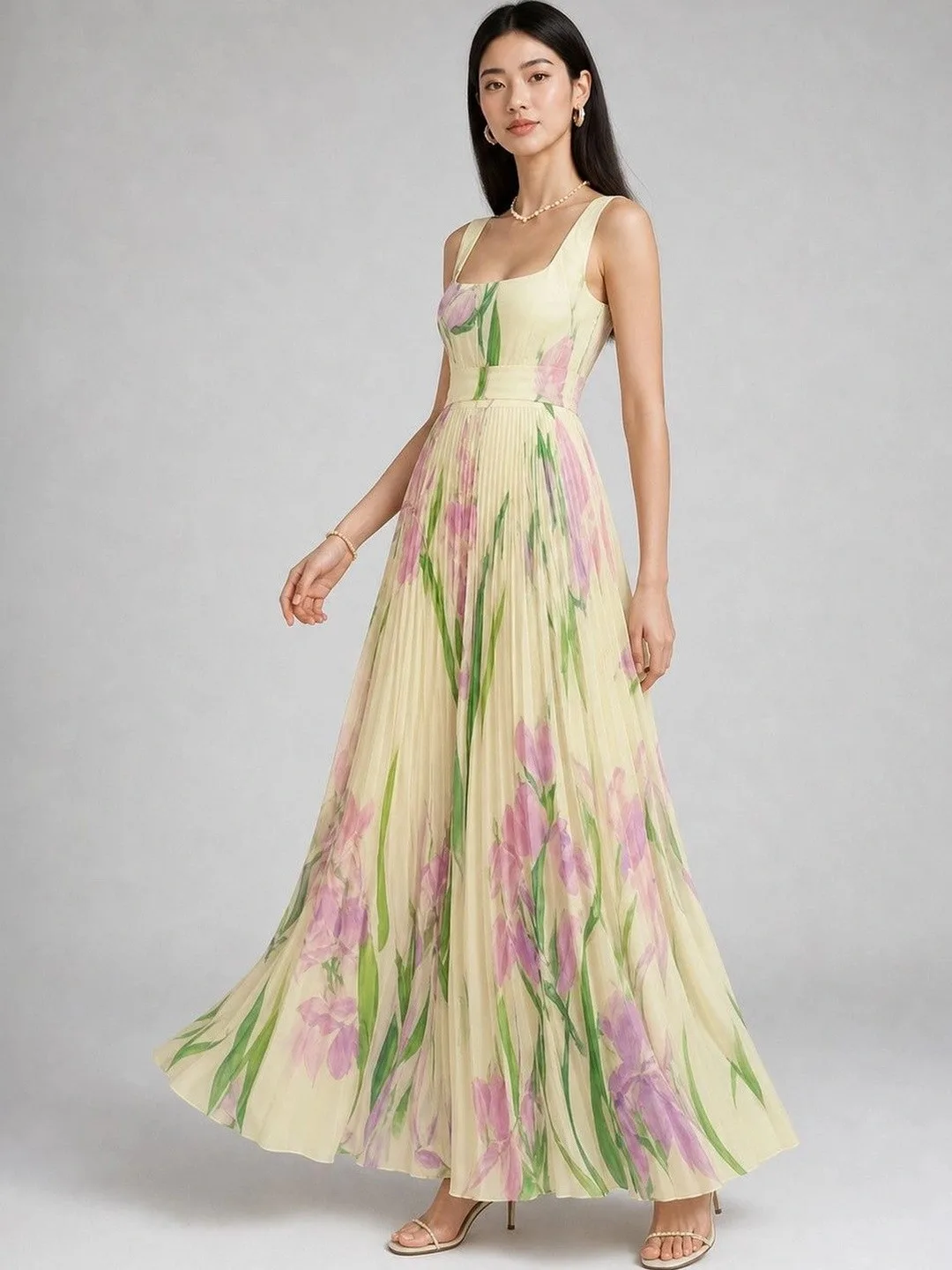 bebe Butter-yellow floral print pleated maxi dress