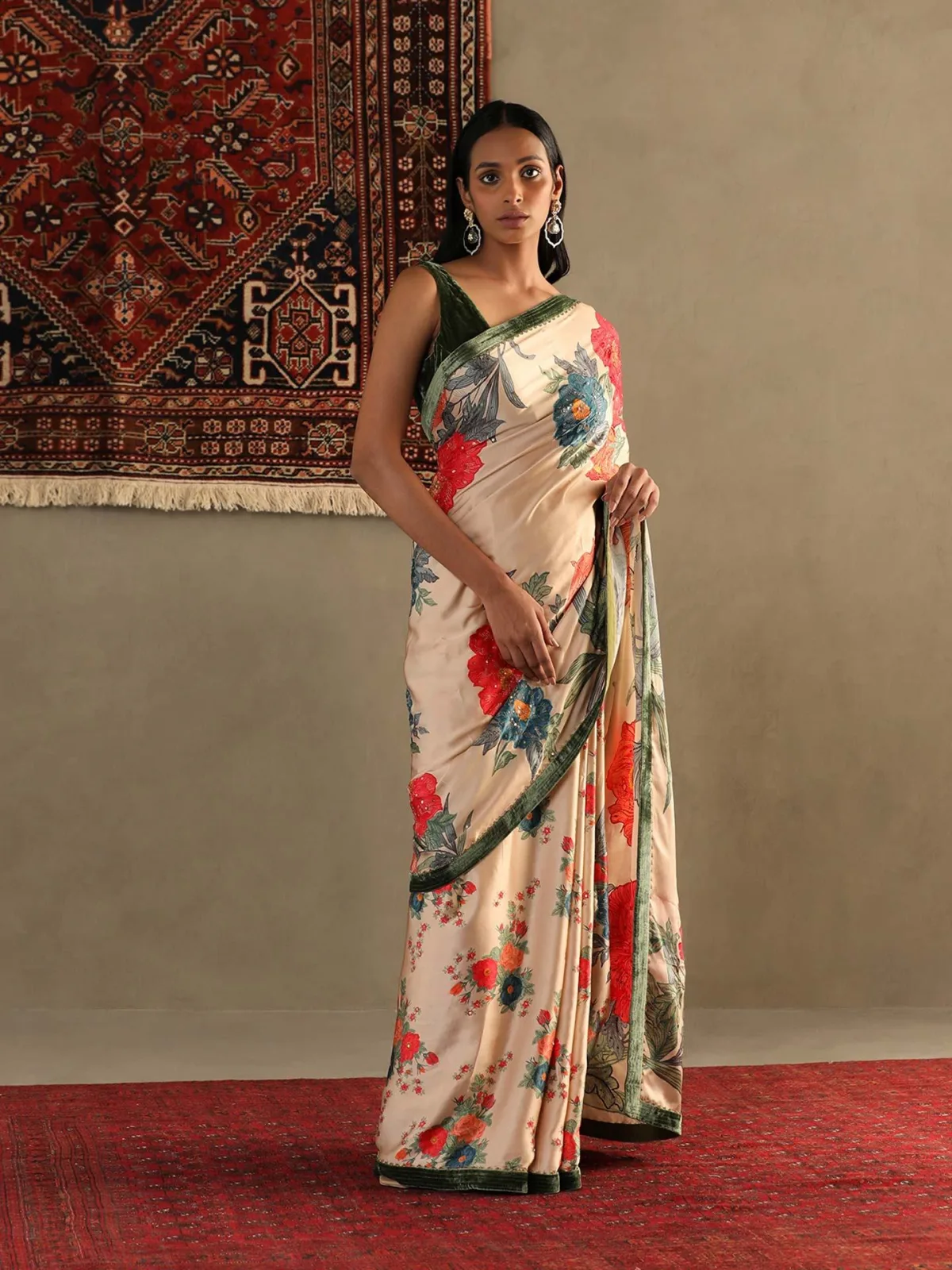 RI Ritu Kumar Pastel Tan Bella floral saree with stitched blouse