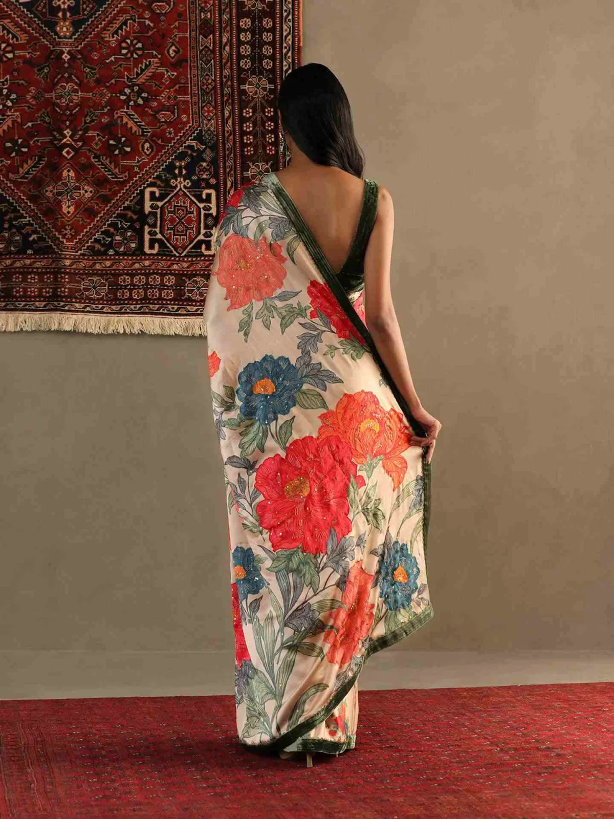 RI Ritu Kumar Pastel Tan Bella floral saree with stitched blouse