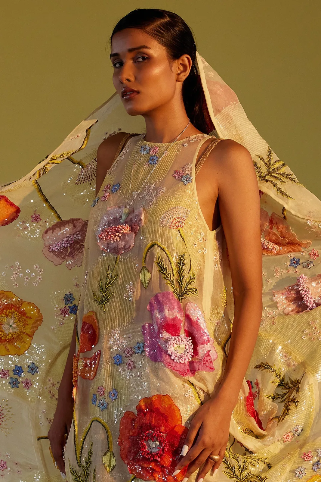Rahul Mishra Yellow silk organza & tulle hand-embroidered gown