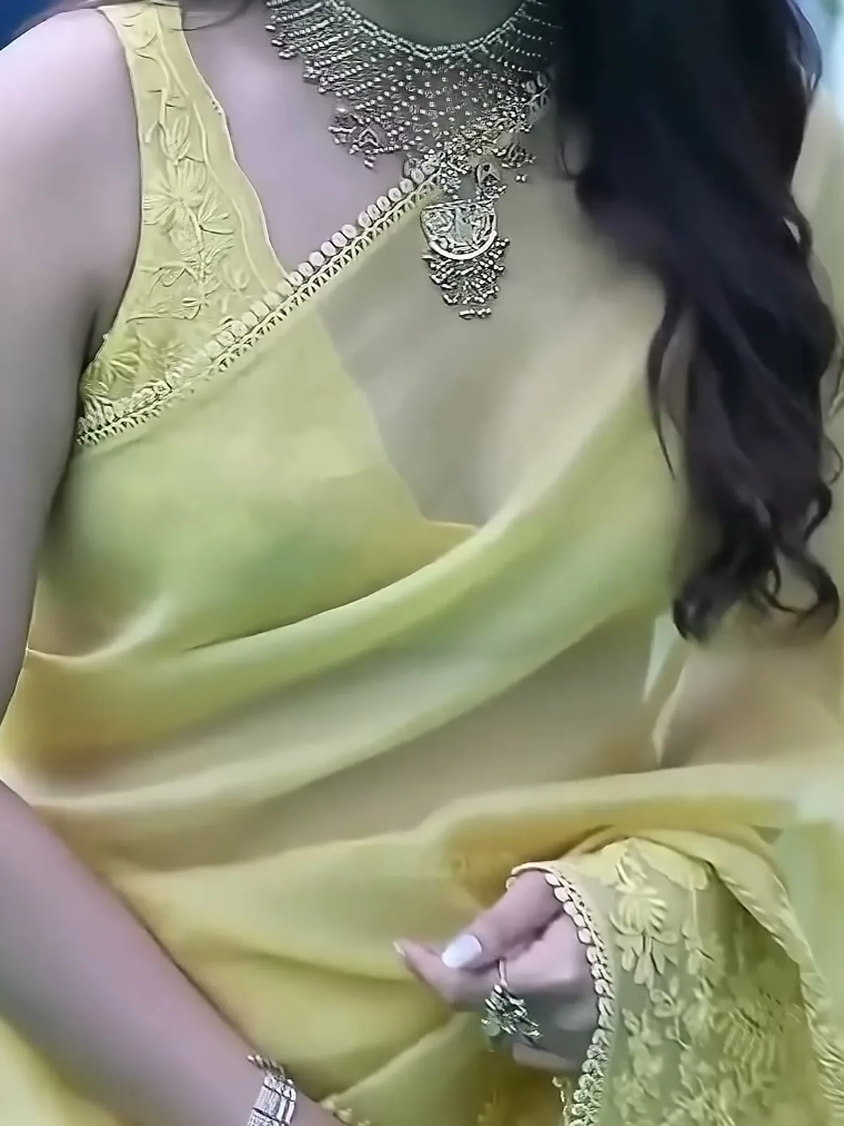 Yellow silk organza V-neck embroidered saree and blouse set