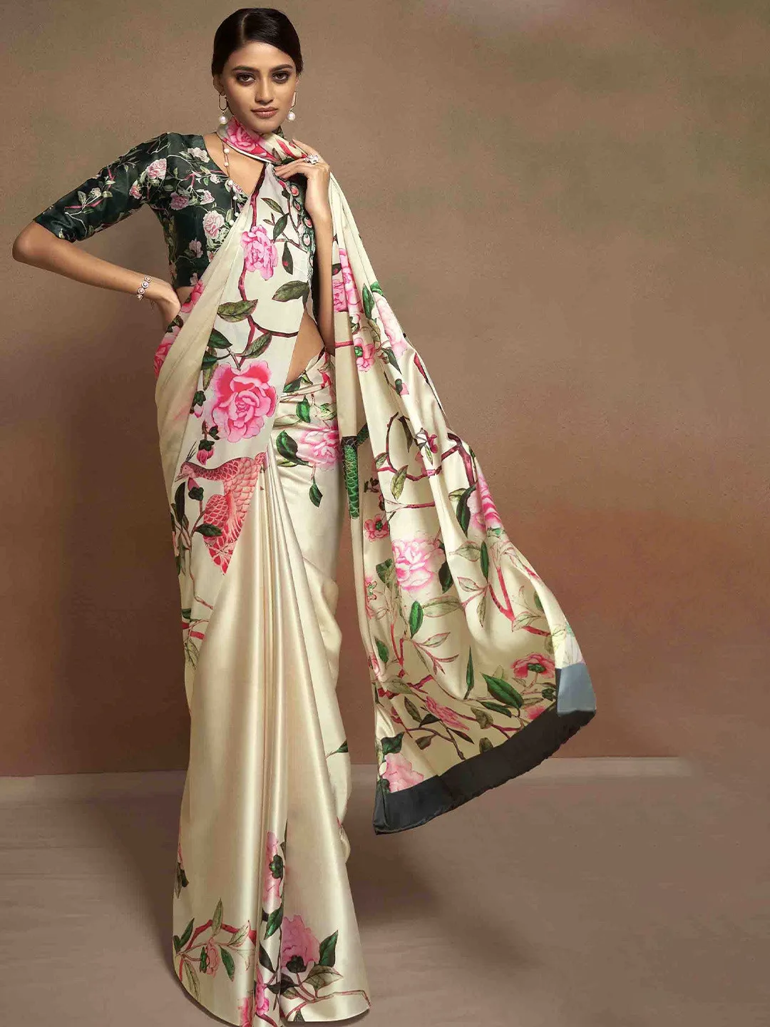 Cream floral satin saree with blouse piece