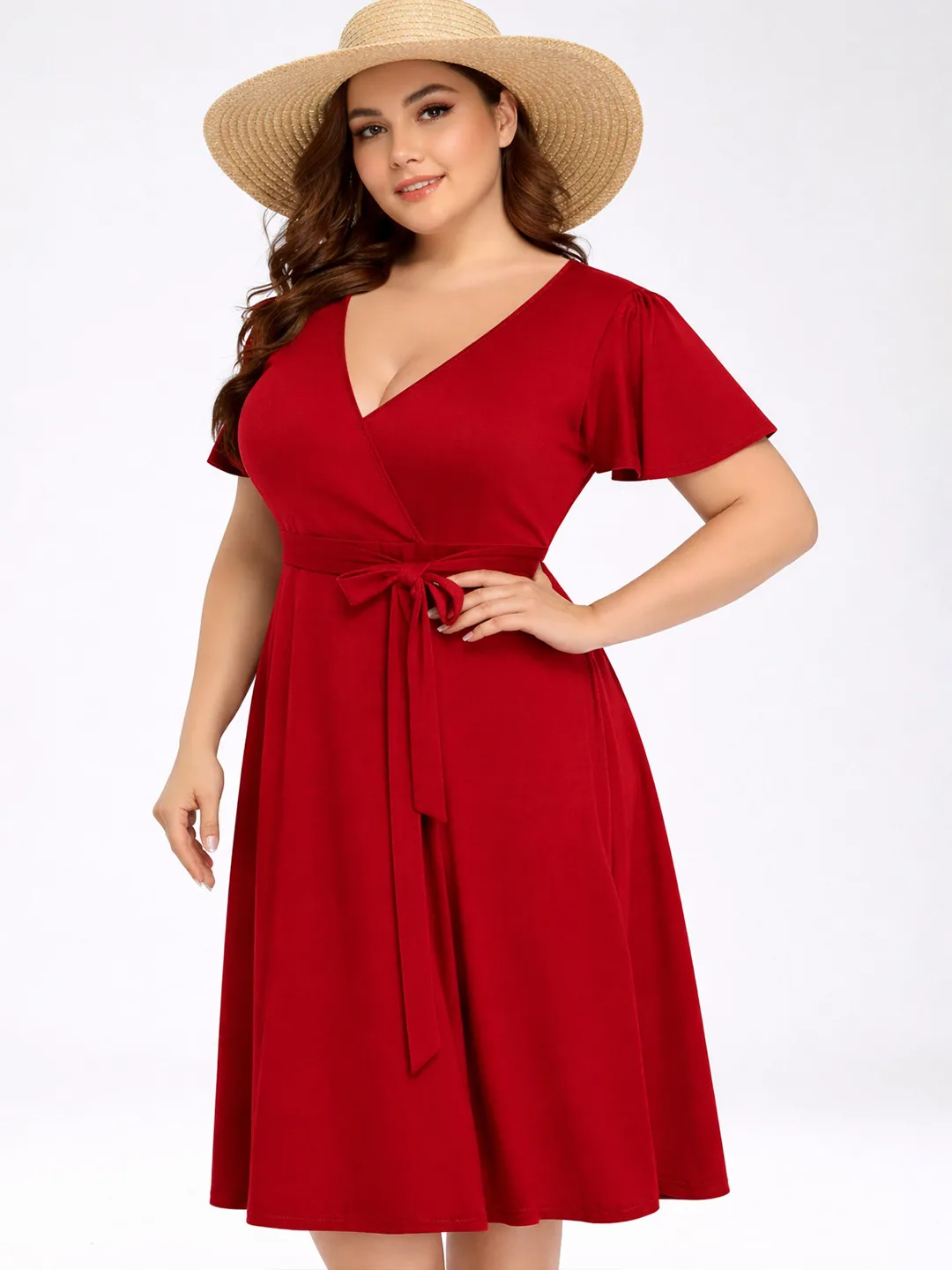 C4D Red wrap midi with flutter sleeves