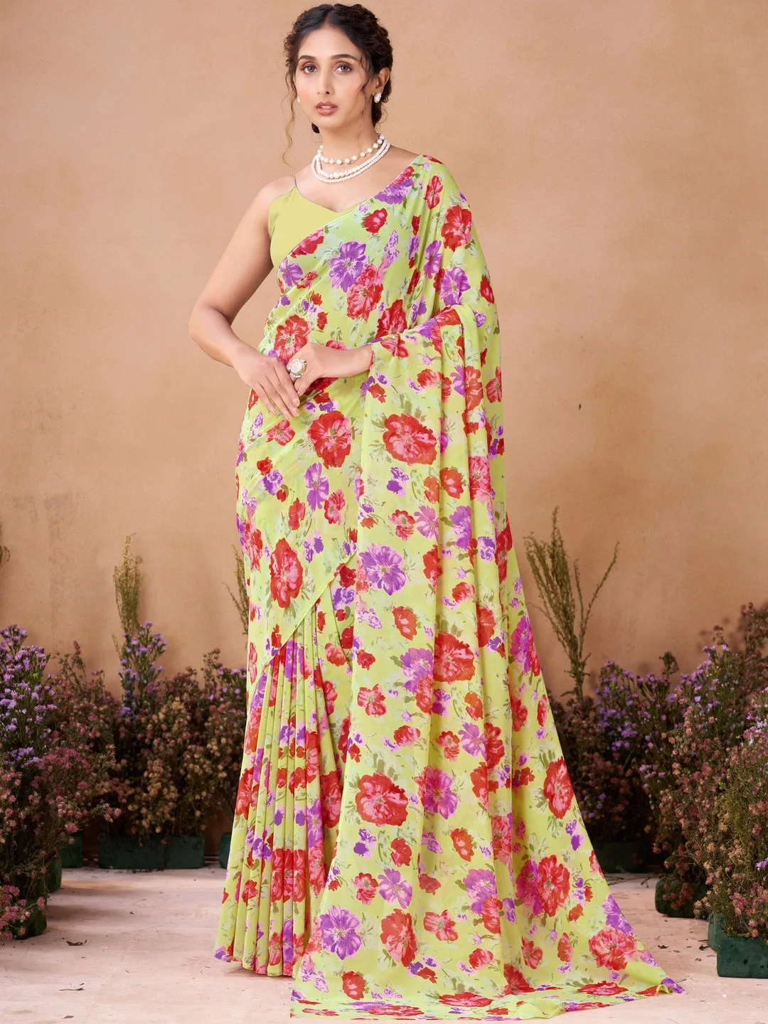 Garden Vareli Lime green floral printed georgette saree