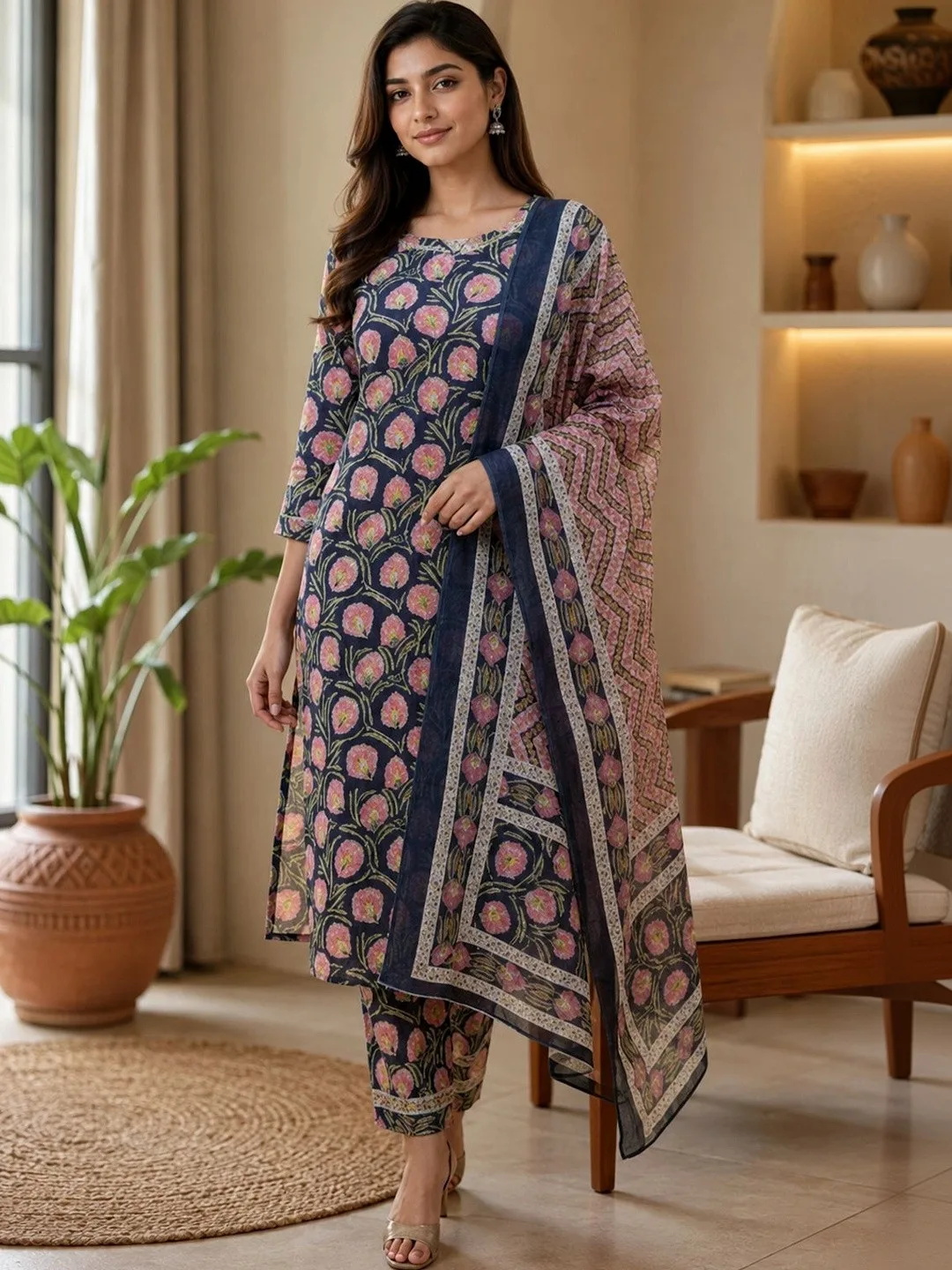 Bunai Our pick under ₹2,000 — navy floral kurta with trousers and rose dupatta