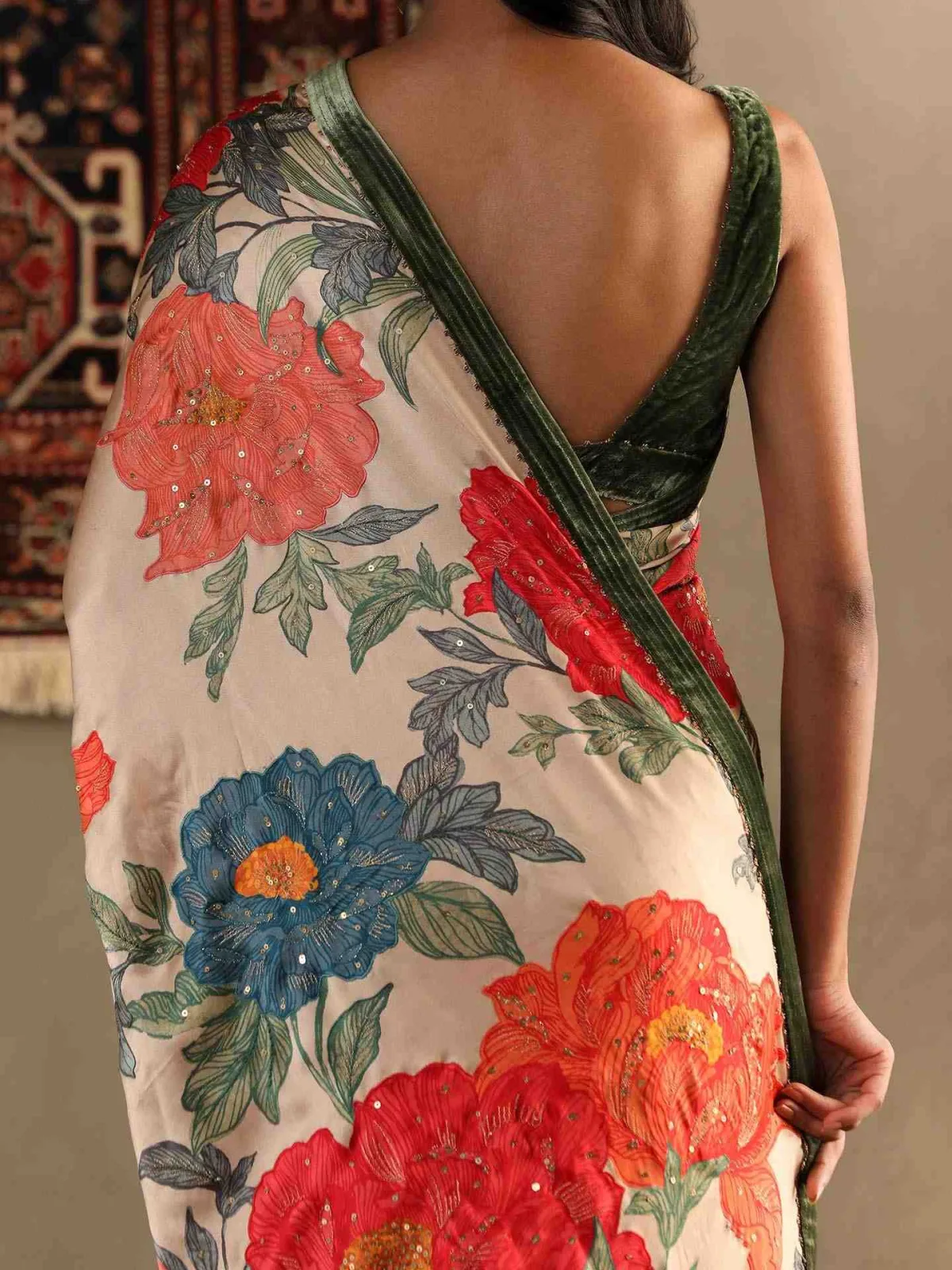 RI Ritu Kumar Pastel Tan Bella floral saree with stitched blouse