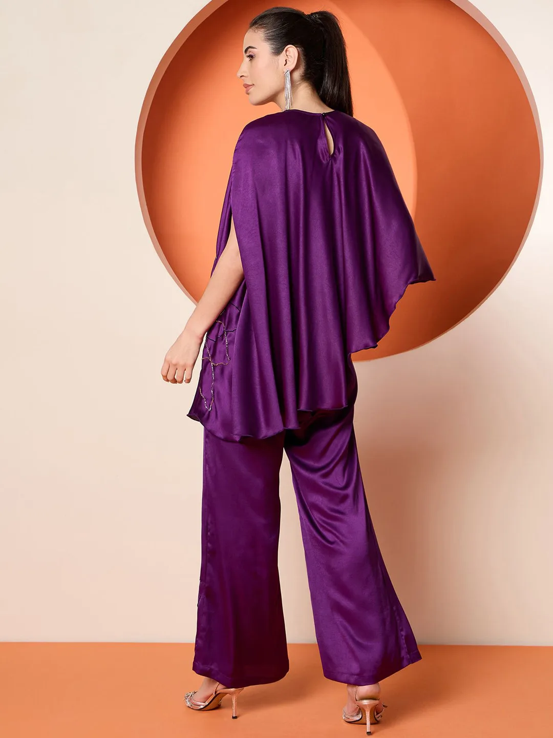 Antheaa Purple embellished satin co-ord — top and trousers