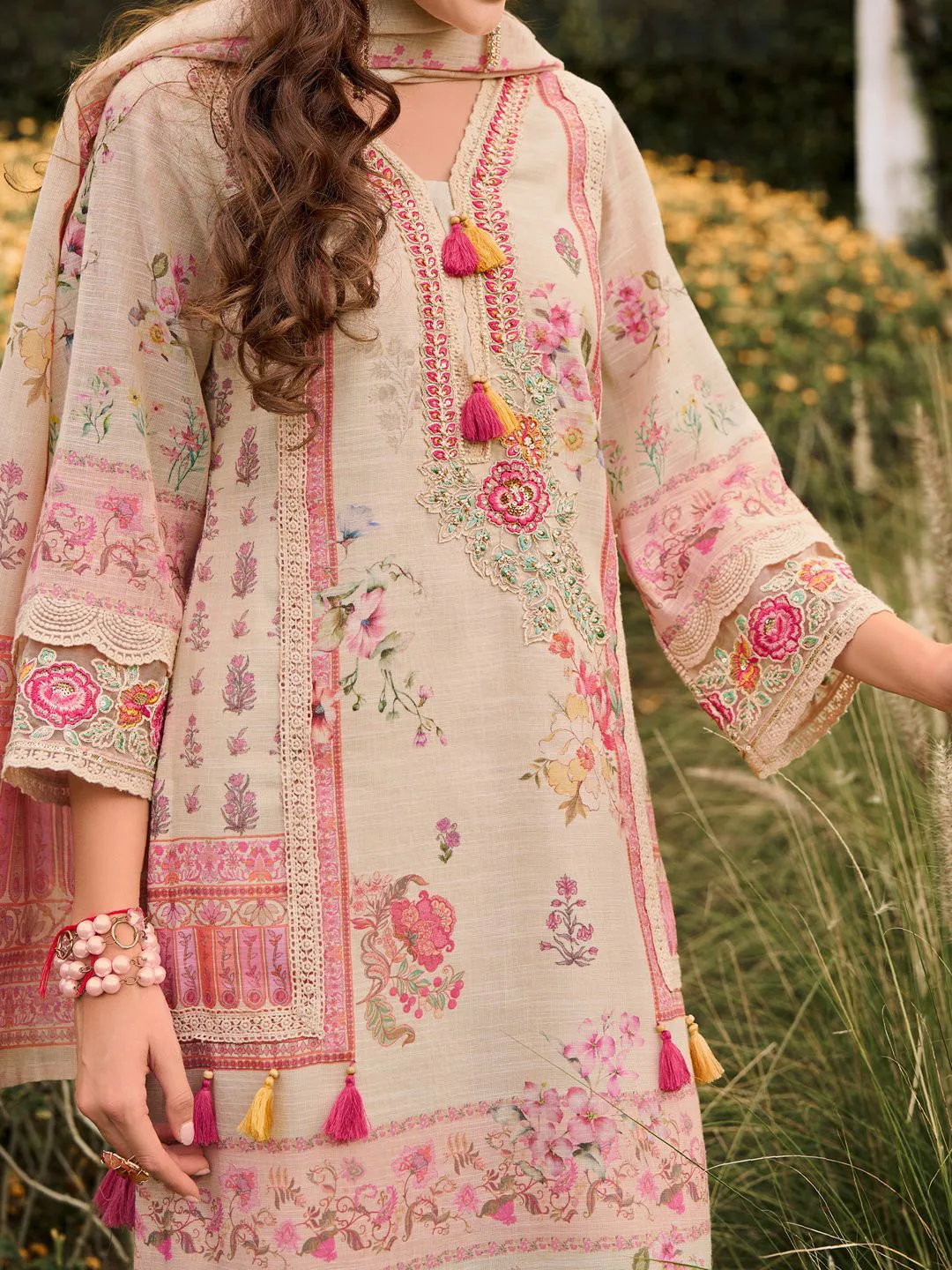 Indo Era Floral printed linen kurta with trousers and dupatta