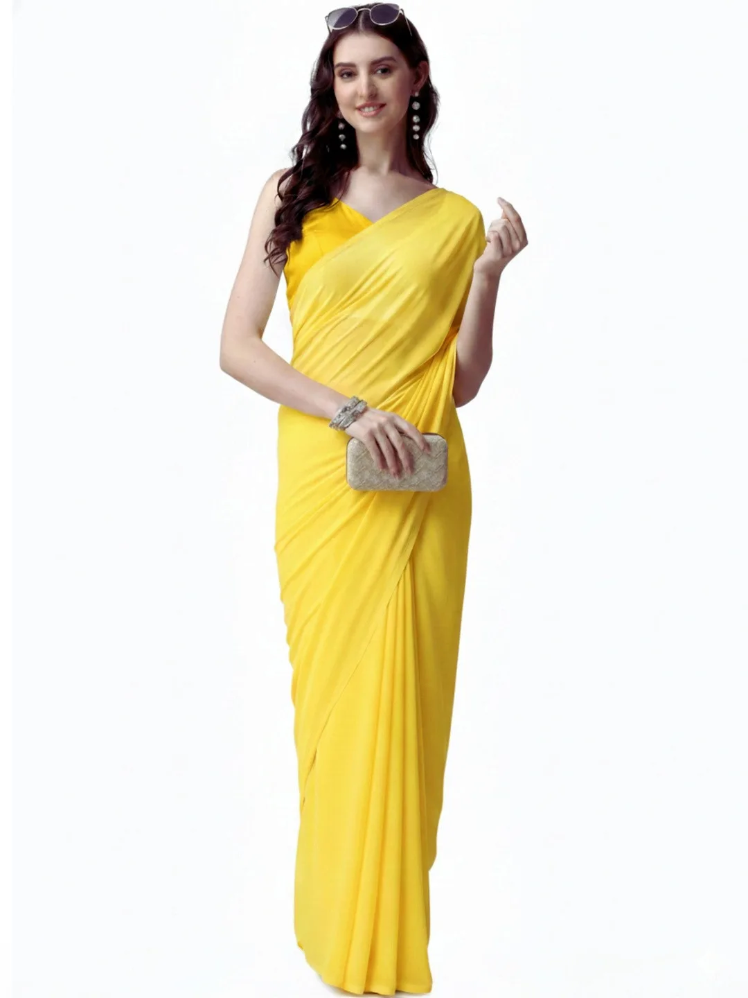 HESVI Plain yellow georgette saree