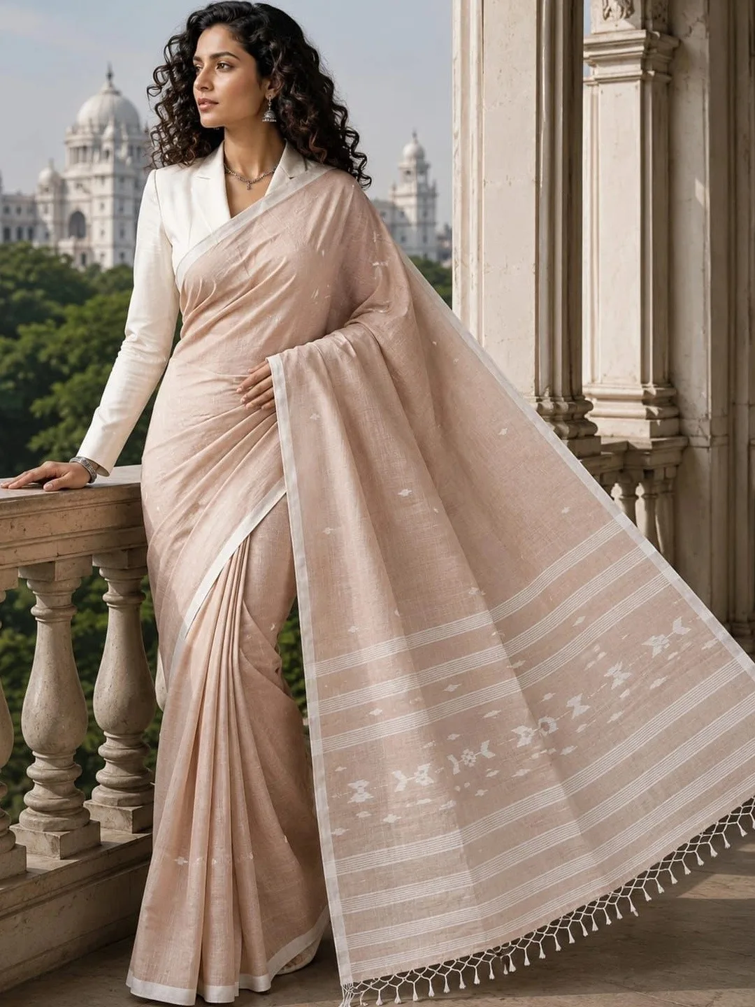 HOUSE OF ARLI Sand pure-cotton handloom saree