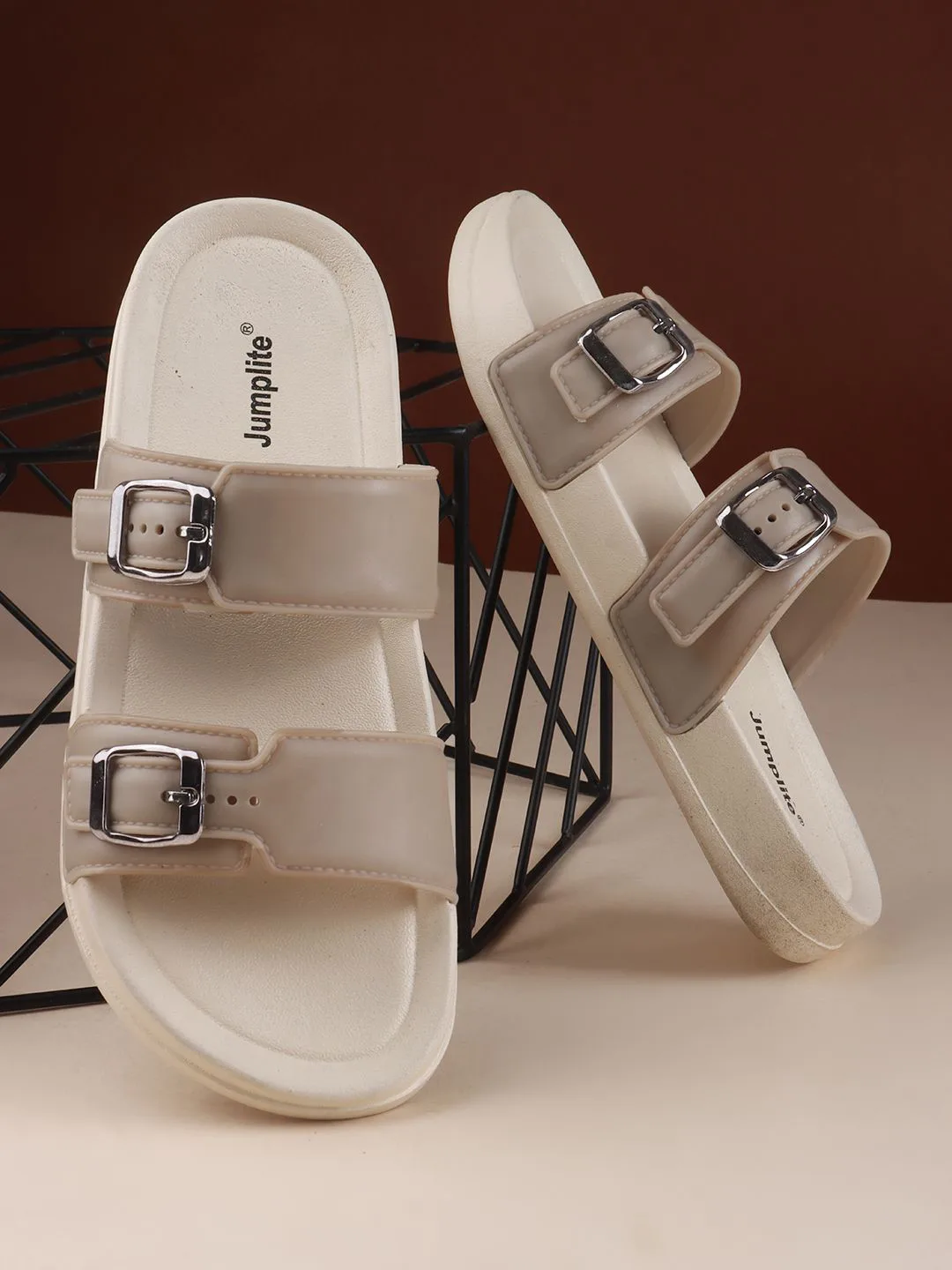 JUMPLITE Cream double-band flat slides