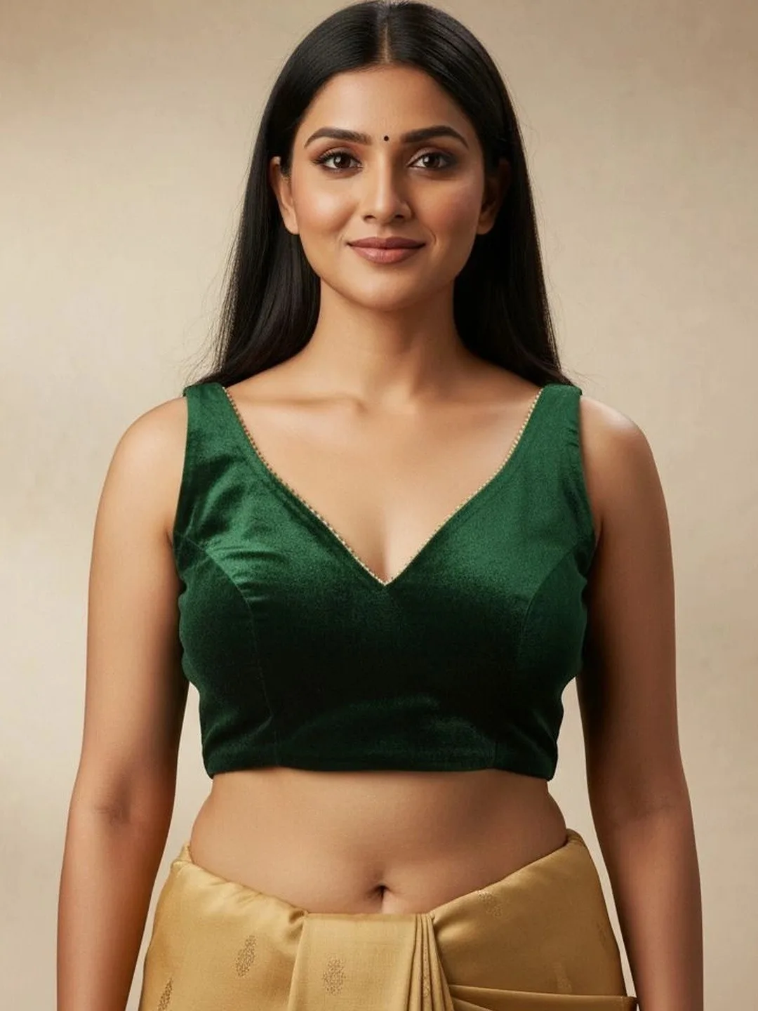 EZSTALL Green velvet sleeveless V-neck saree blouse