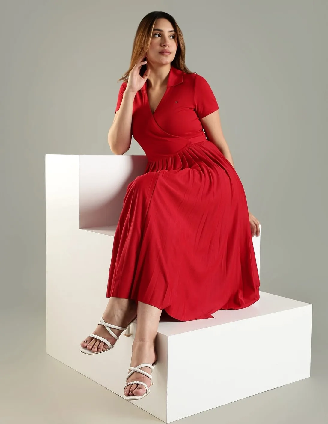 Tommy Hilfiger Polyester Wrap Neck Dress in Medium Red