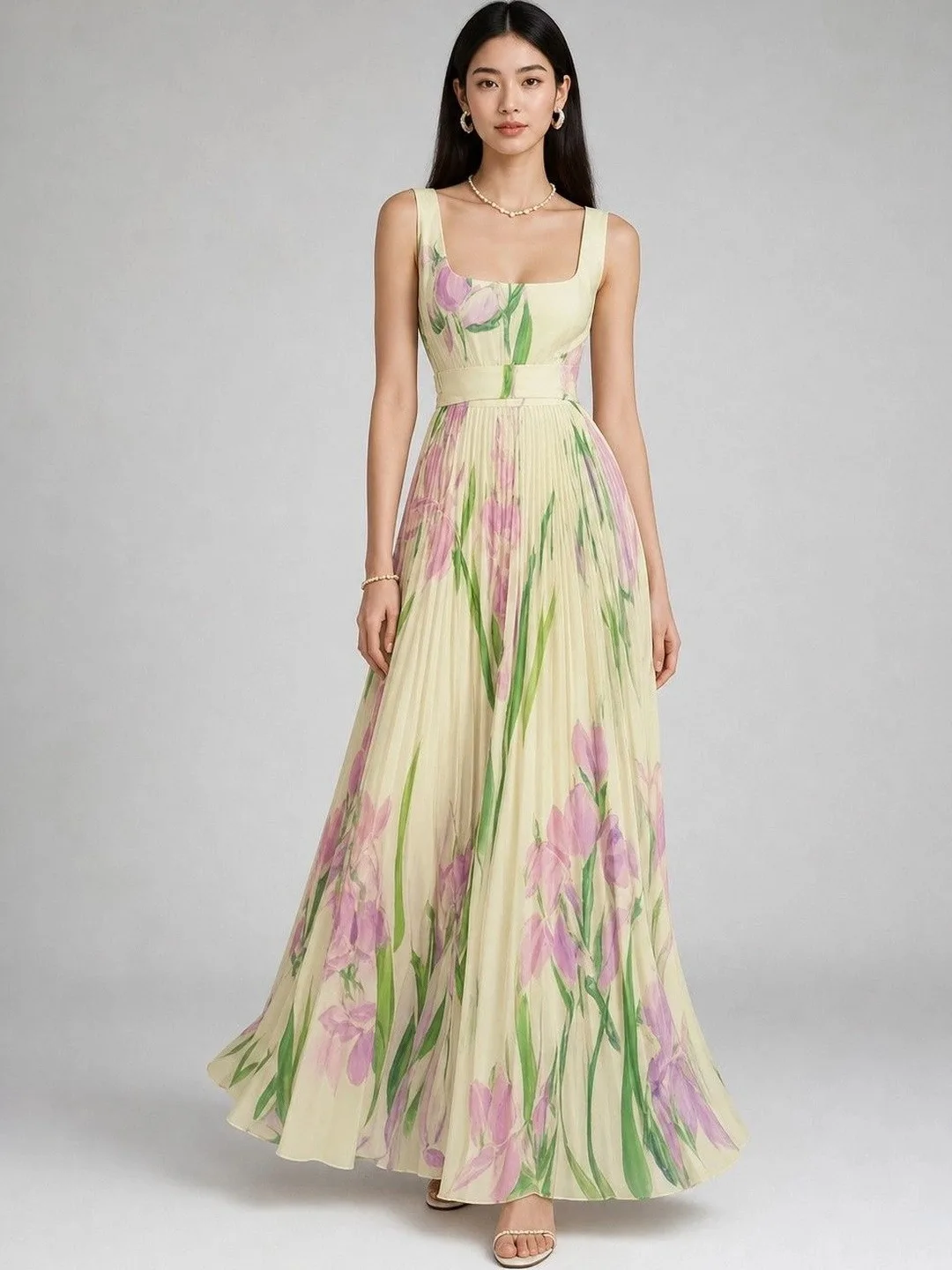 bebe Butter-yellow floral print pleated maxi dress