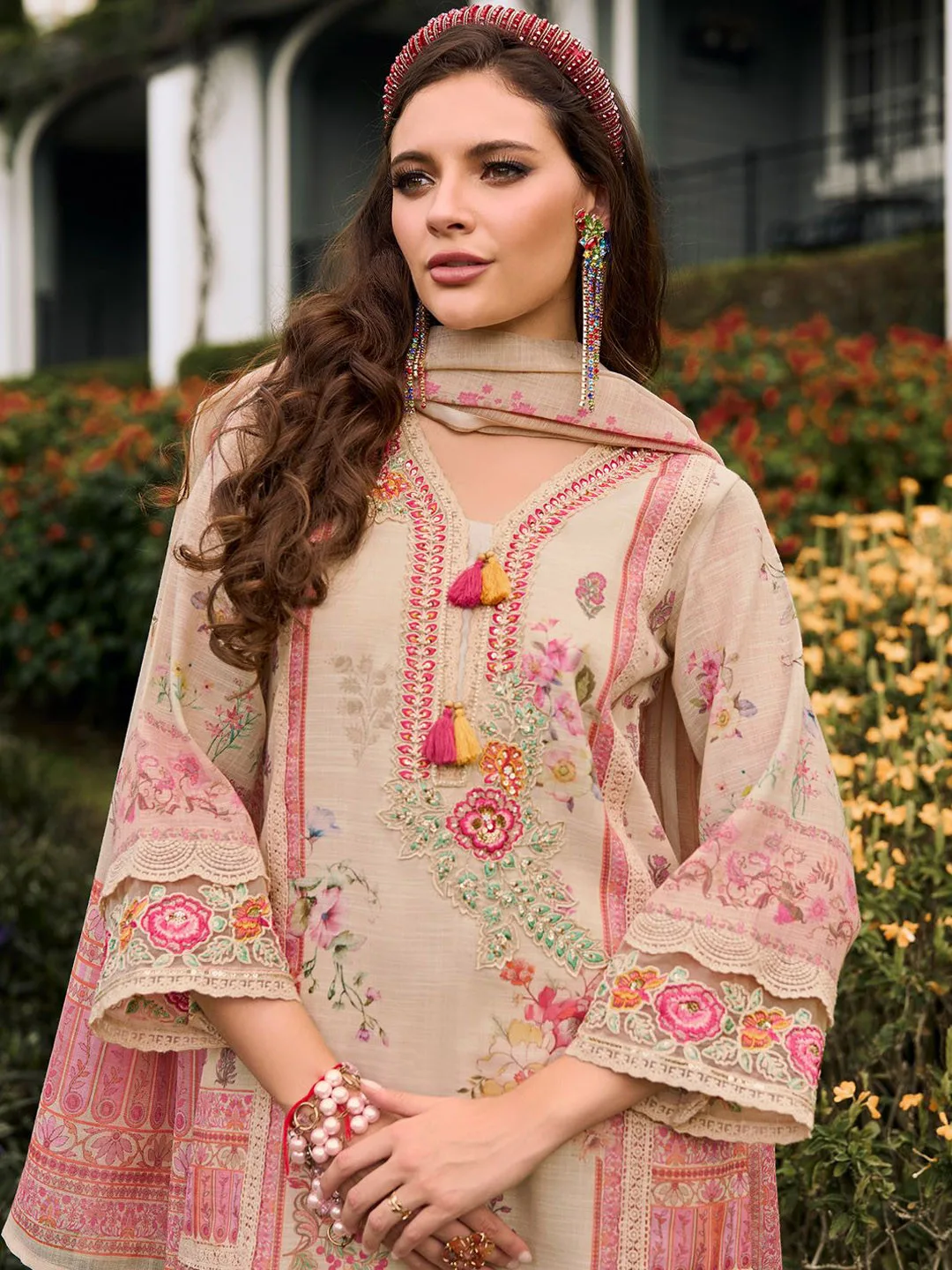 Indo Era Floral printed linen kurta with trousers and dupatta