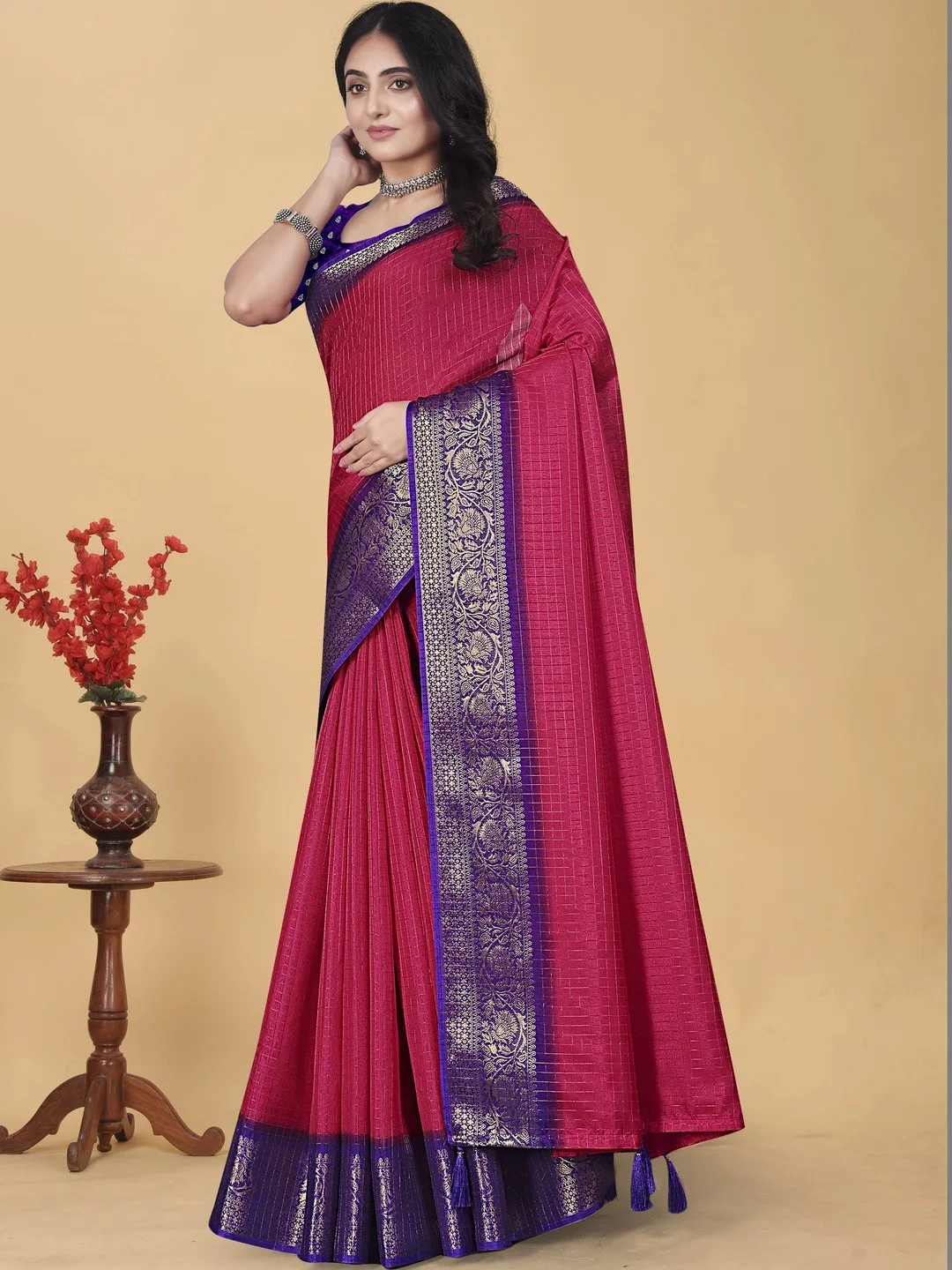SSHAGUN LIFESTYLE Red check zari saree with violet border and blouse piece