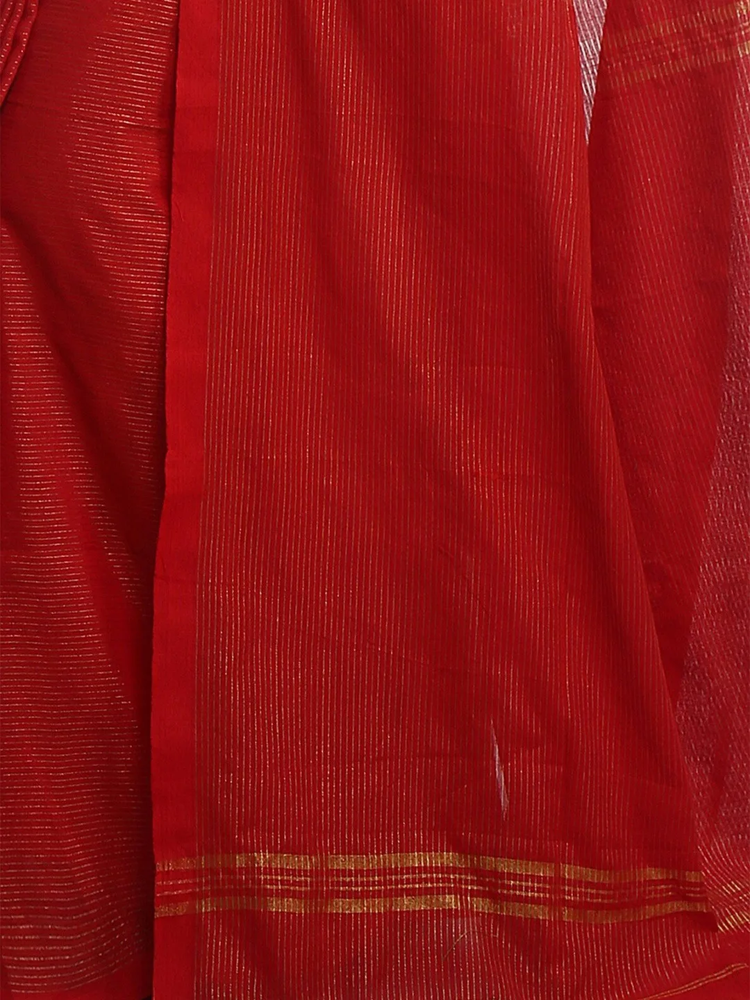 WoodenTant Red cotton khadi saree with fine gold stripes