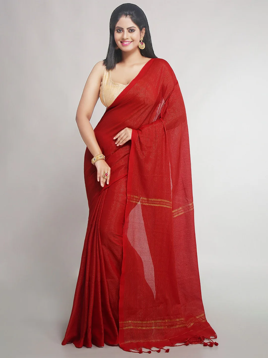 Red cotton khadi saree with fine gold stripes
