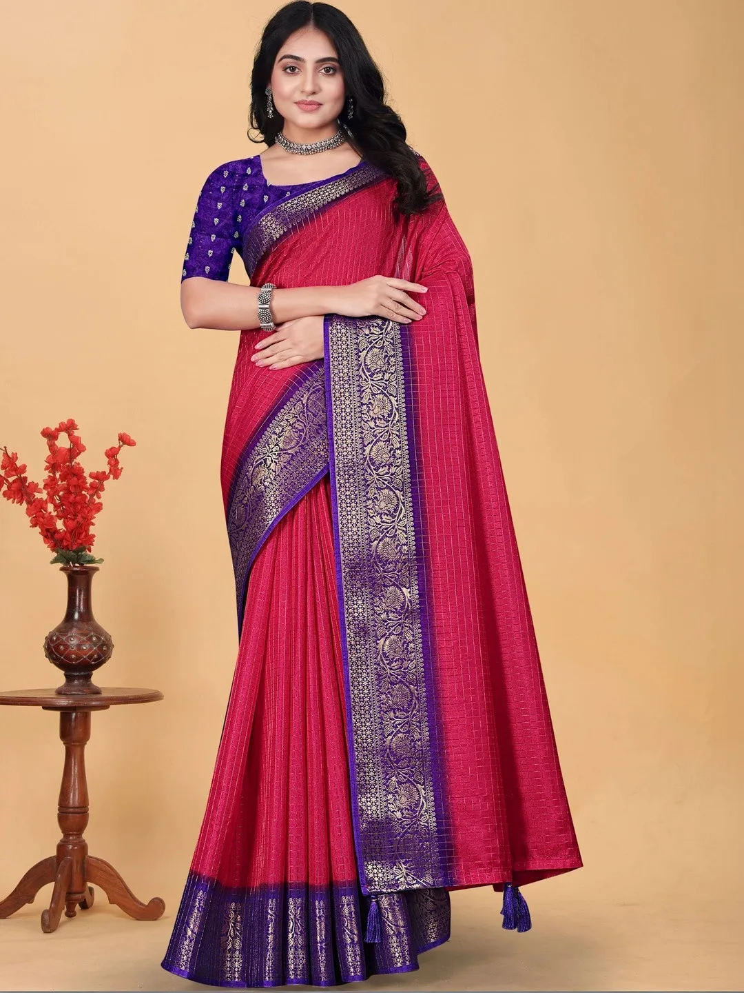 SSHAGUN LIFESTYLE Red check zari saree with violet border and blouse piece